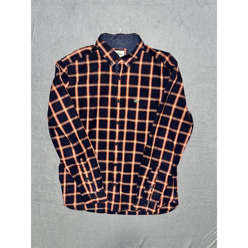Lacoste Slim Fit Plaid Button Down Shirt Mens 42 Navy Blue Orange Long Sleeve